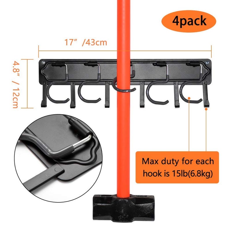 YueTong 68" All Metal Garden Tool Organizer,Adjustable Garage Wall Organizers and Storage,Heavy Duty Wall Mount Holder with Hooks for Broom,Rake,Mop,Shovel(4 Pack) - Image 4